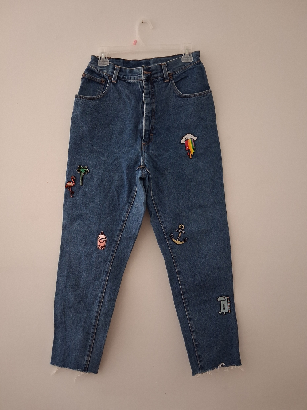 Denim Mom Jeans with Colorful Patches - Blue